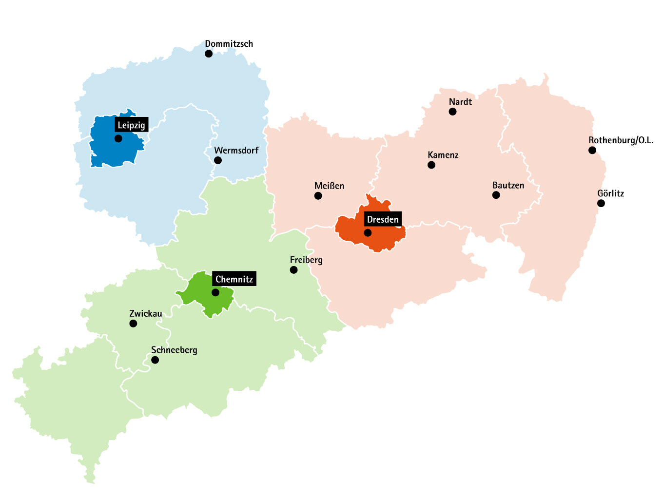 Sachsen-Karte mit Standorten der nachgeordneten Behörden des Innenministeriums 