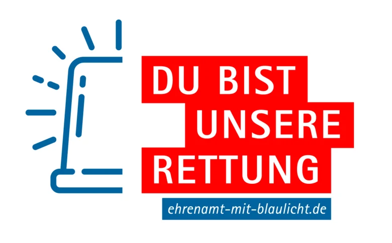 Die Grafik zeigt das Kampagnenlogo bestehend aus einer Strichzeichnung in blau eines Blaulichts in Verbindung mit dem Kampagnenslogan »Du bist unsere Rettung - Ehrenamt mit Blaulicht« in weißer Schrift auf rotem und blauem Untergrund.