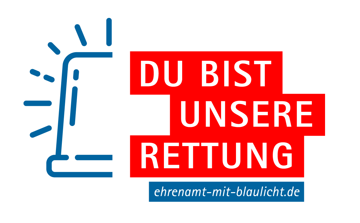 Die Grafik zeigt das Kampagnenlogo bestehend aus einer Strichzeichnung in blau eines Blaulichts in Verbindung mit dem Kampagnenslogan »Du bist unsere Rettung - Ehrenamt mit Blaulicht« in weißer Schrift auf rotem und blauem Untergrund.